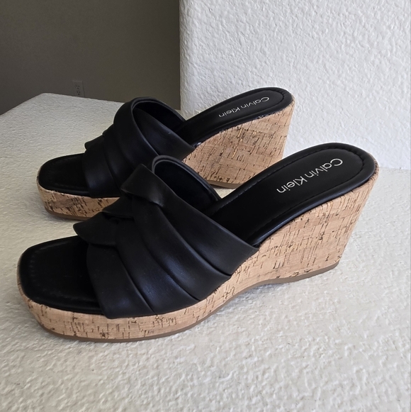 Calvin Klein Shoes - Calvin Klein Kcheyla Black Cork Wedge Mules